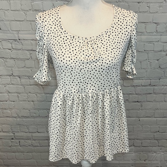 Monteau Tops - MONTEAU Blouse w Puffy Ruched Sleeves White w Black Polka Dots-Medium